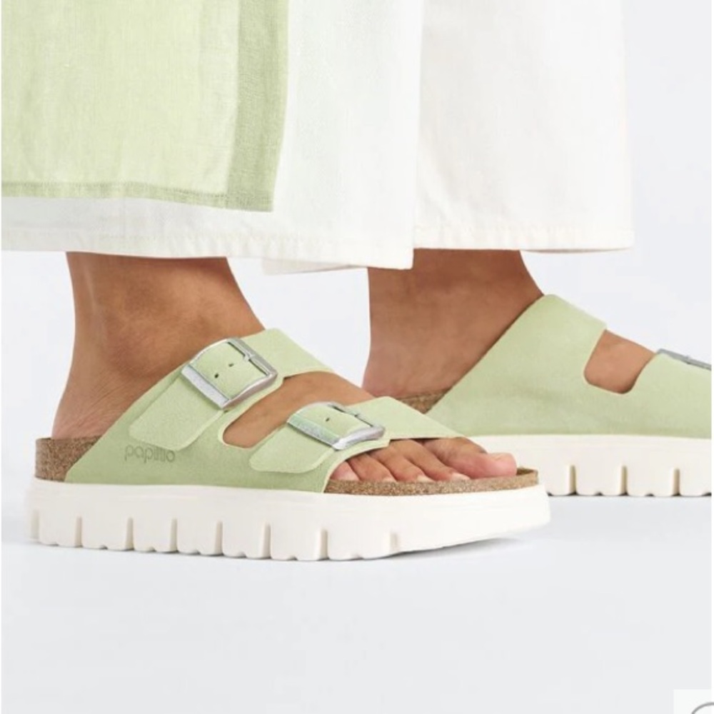 Birkenstock Papillio Arizona Chunky Suede Leather Faded Lime shoes.